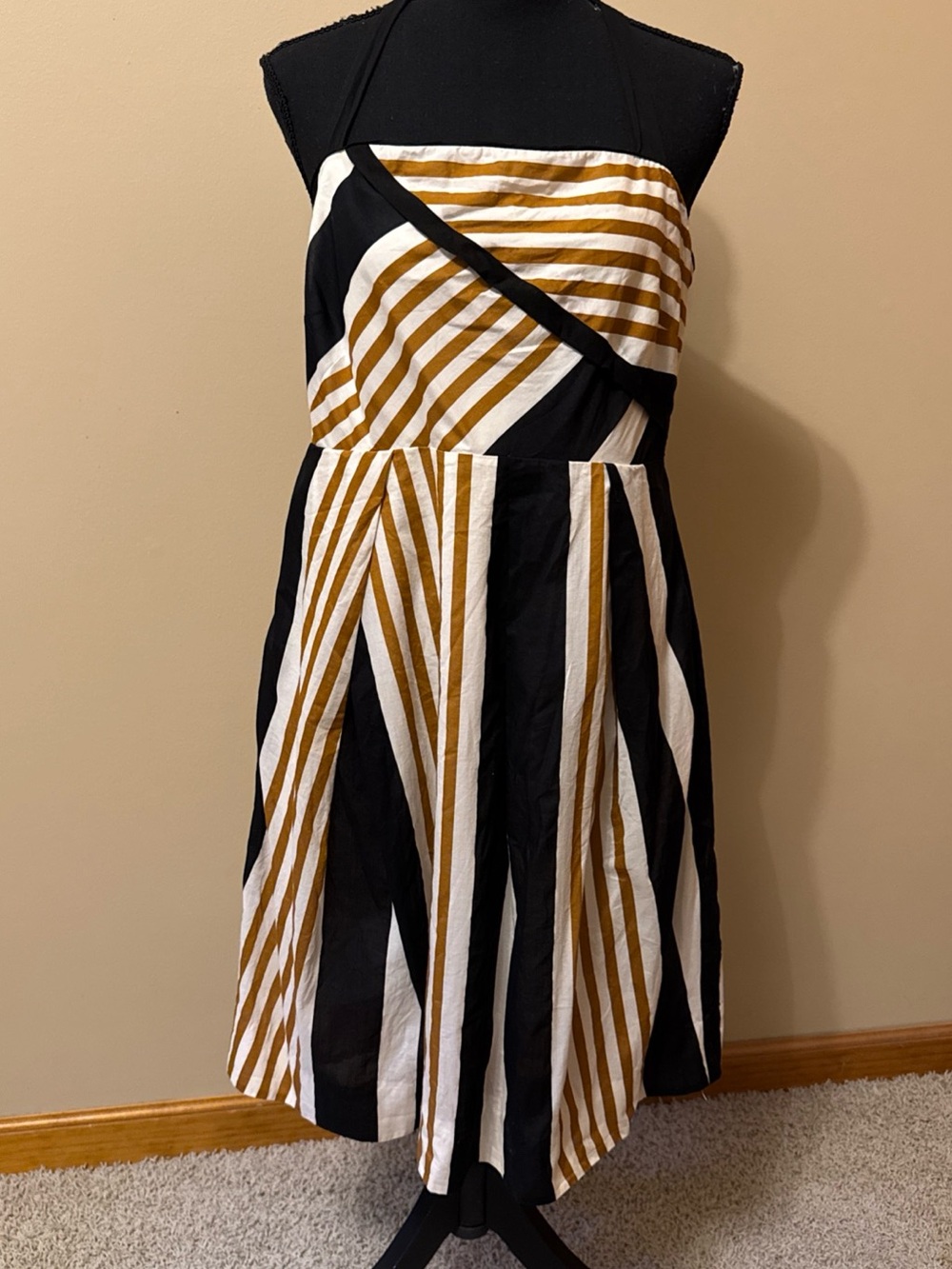 Moulinette Soeurs Black White and Gold Striped Halter Mini Dress